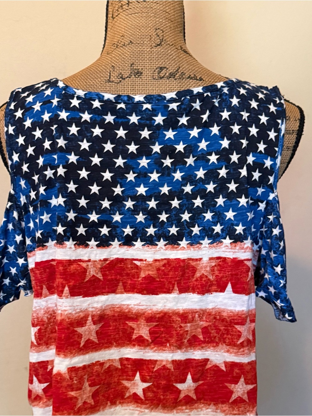 Cold-Shoulder American Flag Star Print Women's Top - Red, White & Blue - Picture 2 of 5